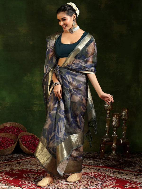 Green Printed Organza Saree With Unstitched Blouse Piece