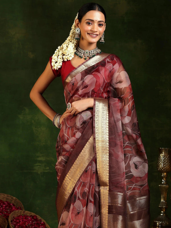 Mauve Printed Organza Saree With Unstitched Blouse Piece