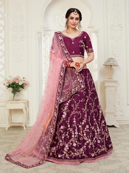 Women's  Wine Mulberry Embroidered Lehenga - Myracouture