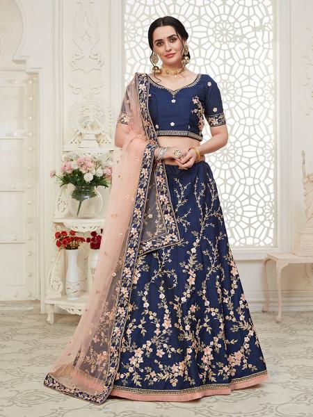 Women's  Navy Blue Mulberry Embroidered Lehenga - Myracouture