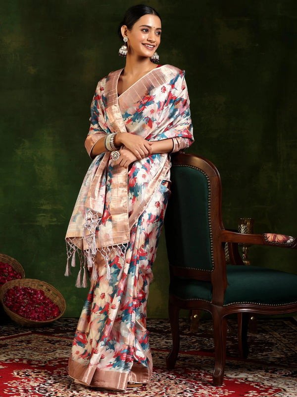 Multi Printed Silk Blend Saree With Unstitched Blouse Piece