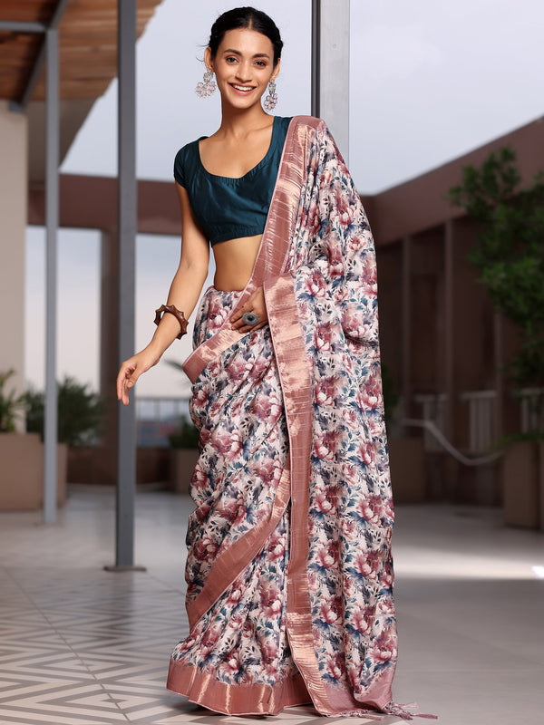 Beige Printed Silk Blend Saree With Unstitched Blouse Piece