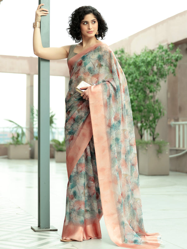 Peach Printed Poly Chiffon Saree With Unstitched Blouse Piece