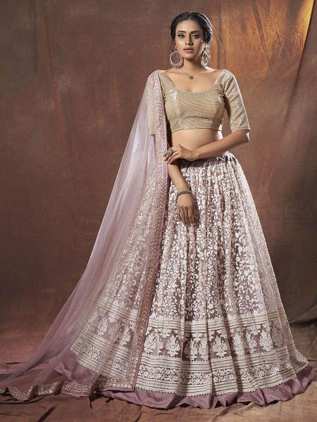 Women's  Lilac Embroidered Soft Net Lehenga - Myracouture