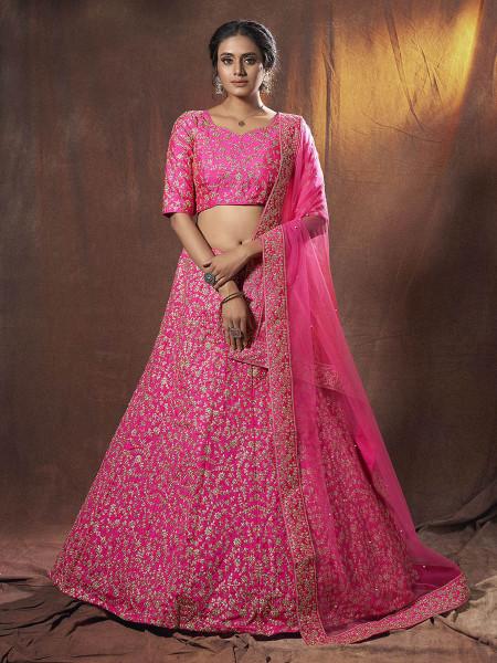 Women's  Pink Embroidered Art Silk Lehenga - Myracouture