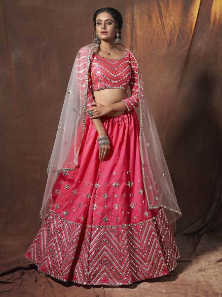 Women's  Neon Pink Embroidered Art Silk Lehenga - Myracouture