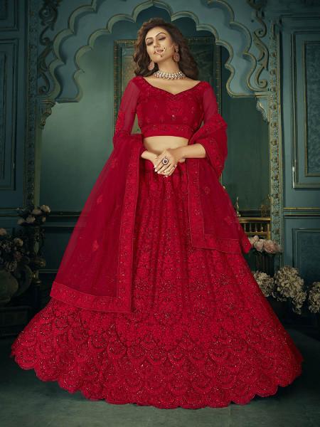 Women's  Red Heavy Embroidered Net Bridal Lehenga - Myracouture