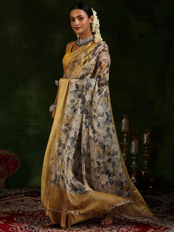 Beige Printed Poly Chiffon Saree With Unstitched Blouse Piece