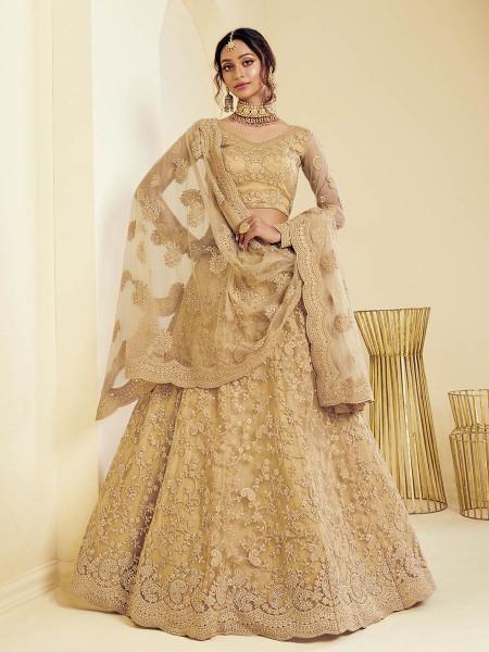 Women's  Golden Heavy Embroidered Net Bridal Lehenga - Myracouture