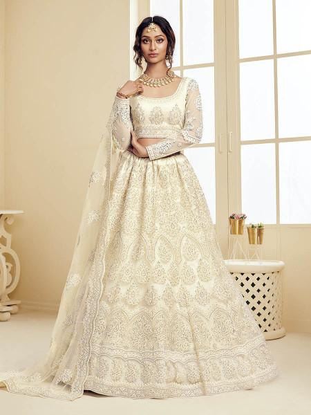 Women's  Off White Heavy Embroidered Net Bridal Lehenga - Myracouture