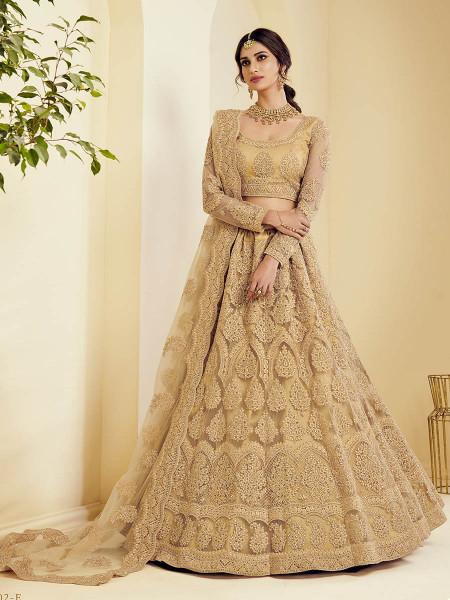 Women's  Golden Heavy Embroidered Net Bridal Lehenga - Myracouture