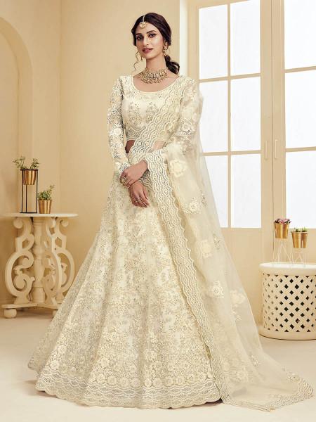 Women's  Off White Heavy Embroidered Net Bridal Lehenga - Myracouture