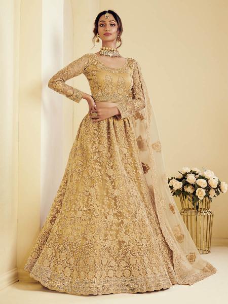 Women's  Golden Heavy Embroidered Net Bridal Lehenga - Myracouture