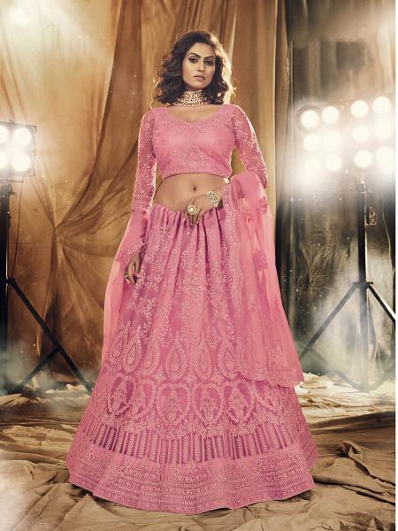 Women's  Dusty Pink Heavy Embroidered Net Bridal Lehenga - Myracouture