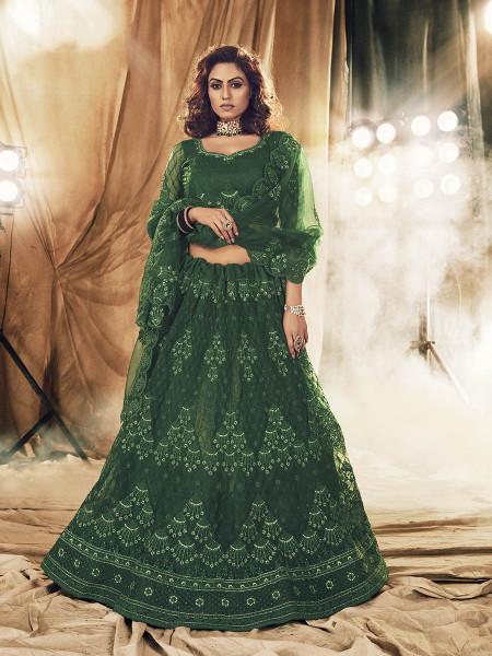 Women's  Green Heavy Embroidered Net Bridal Lehenga - Myracouture