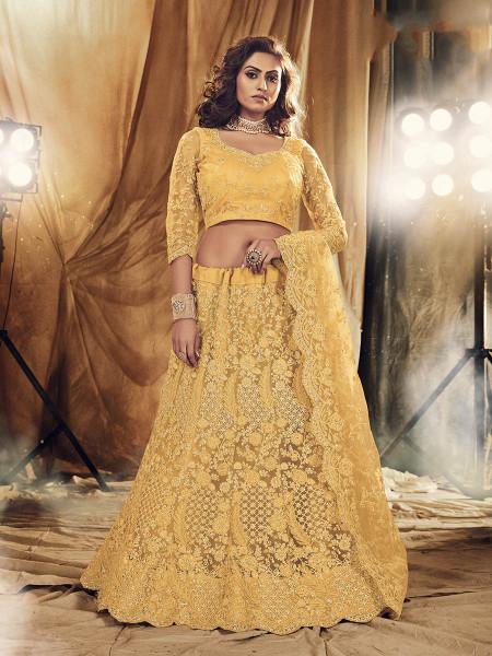 Women's  Musturd Yellow Heavy Embroidered Net Bridal Lehenga - Myracouture