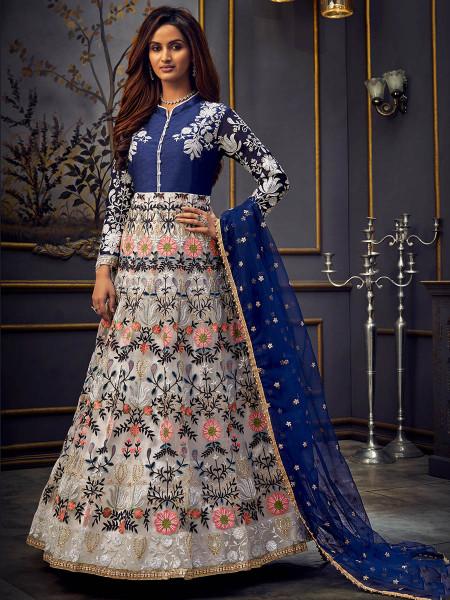 Women's Blue Net Anarkali Suit set with pants & Dupatta by Myracouture (3pcs Set)