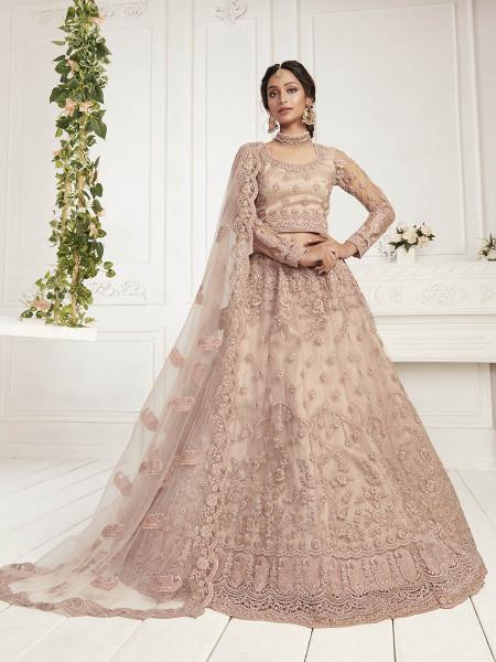 Women's  Dusty Pink Heavy Embroidered Net Bridal Lehenga - Myracouture