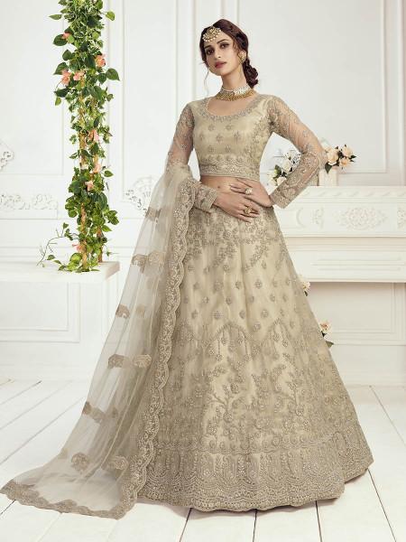 Women's  Beige Heavy Embroidered Net Bridal Lehenga - Myracouture