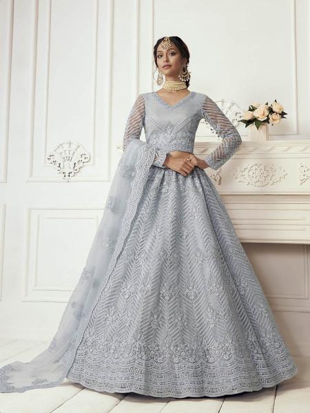 Women's  Dusty Sea Blue Heavy Embroidered Net Bridal Lehenga - Myracouture