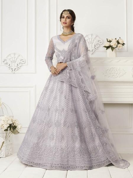 Women's  Grey Heavy Embroidered Net Bridal Lehenga - Myracouture