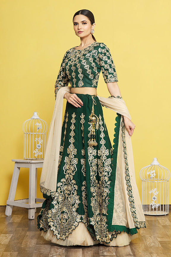 Green Satin Silk Embroidered Un-Stitched Lehenga Choli with Dupatta