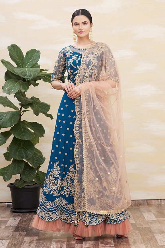 Teal Blue Satin Silk Embroidered Un-Stitched Lehenga Choli with Dupatta