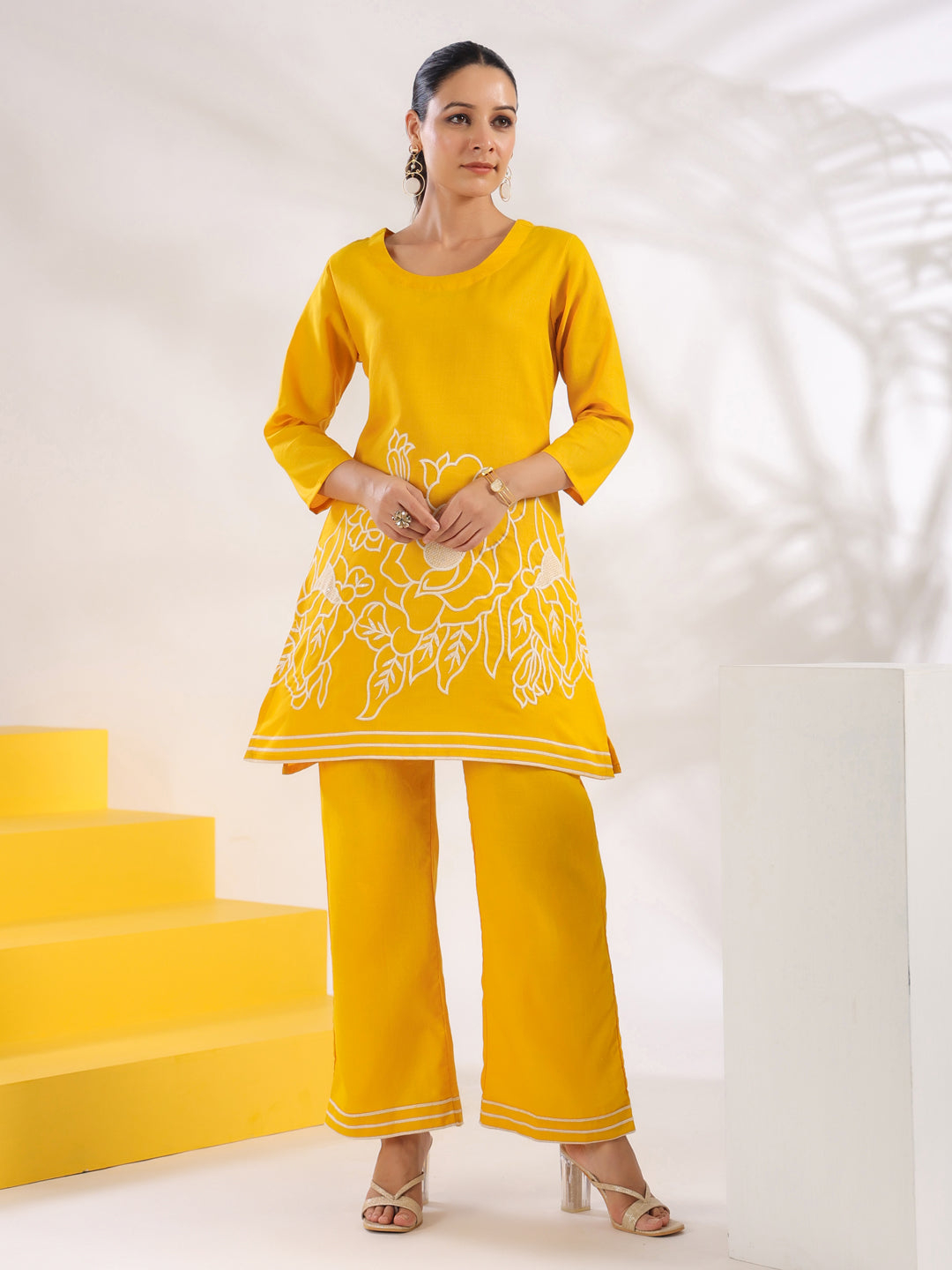 Women's Yellow A-Line Embroidered Co-Ord Set - Yufta