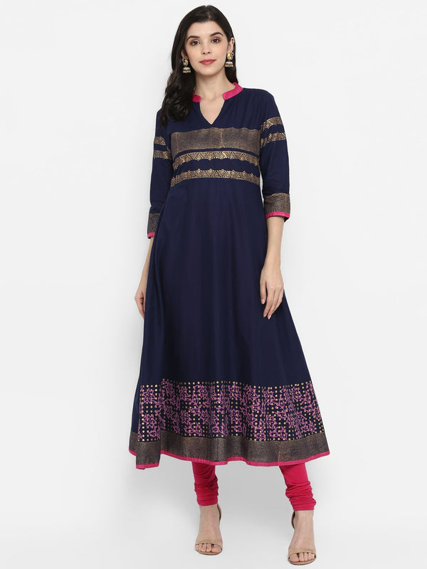 Women's Navy Blue Cotton Printed Anarkali Kurti With Block Print (1 Pc) - Noz2Toz