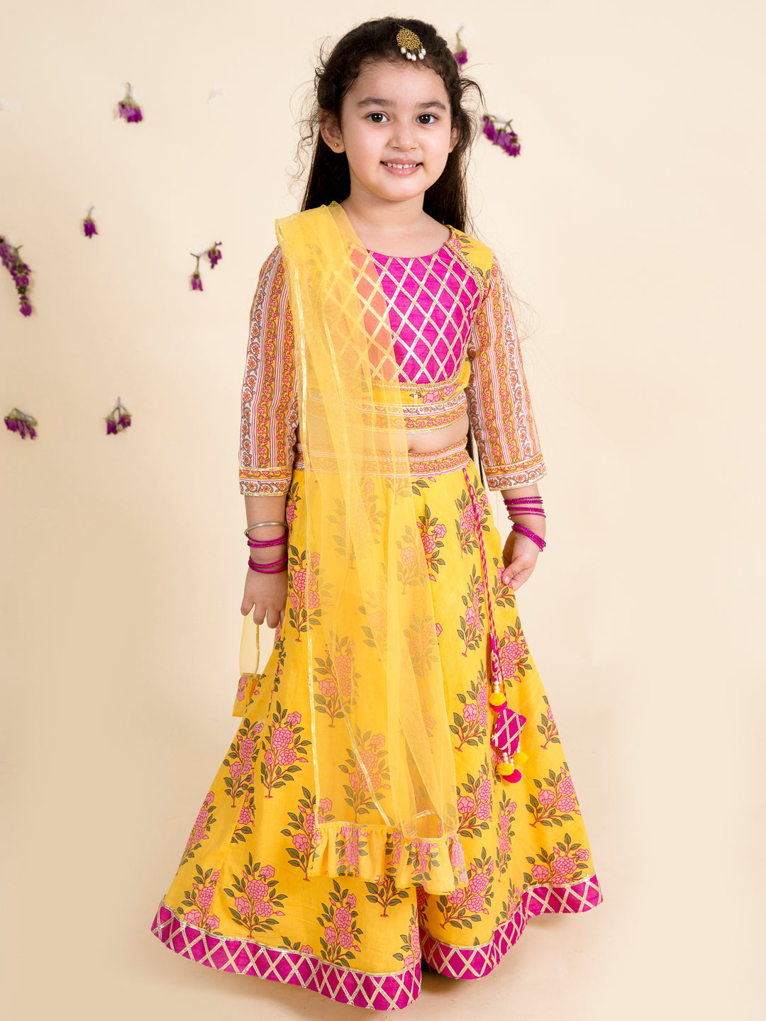 Girls Yellow Pink Embroidered Ready To Wear Lehenga Blouse With Dupatta - Ps Peaches