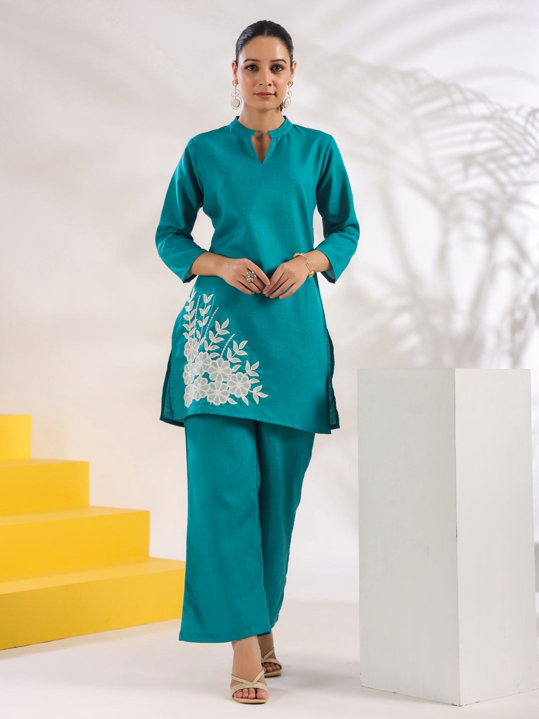 Women's Turquoise Blue Straight Embroidered Co-Ord Set - Yufta