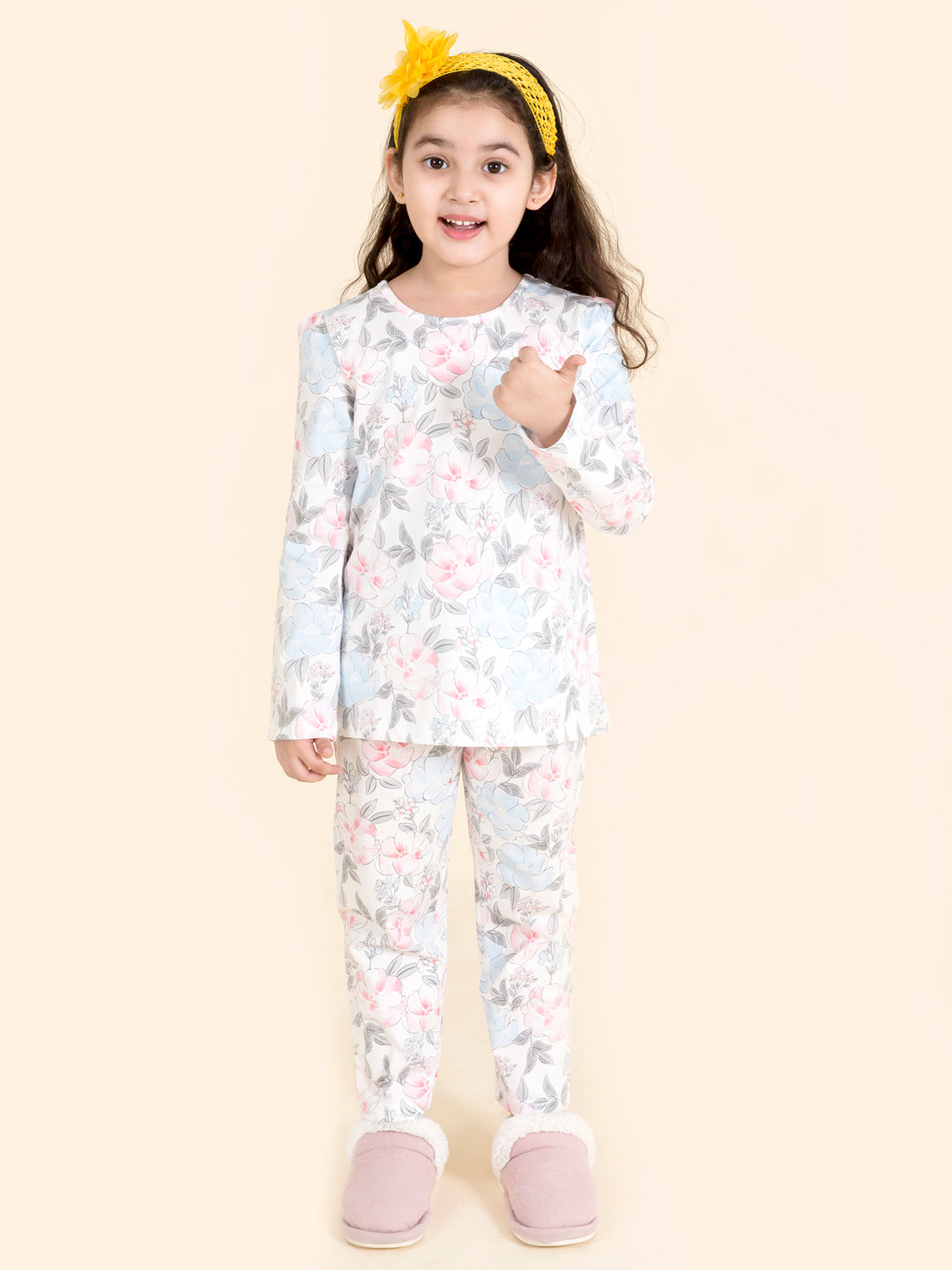 Girls White Pink Printed Night Suit - Ps Peaches