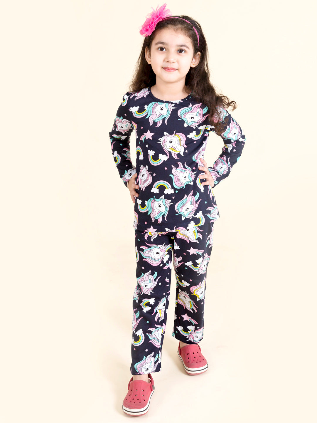 Girls Navy Blue White Printed Night Suit Nw-Unicorn Blue-2 - Ps Peaches