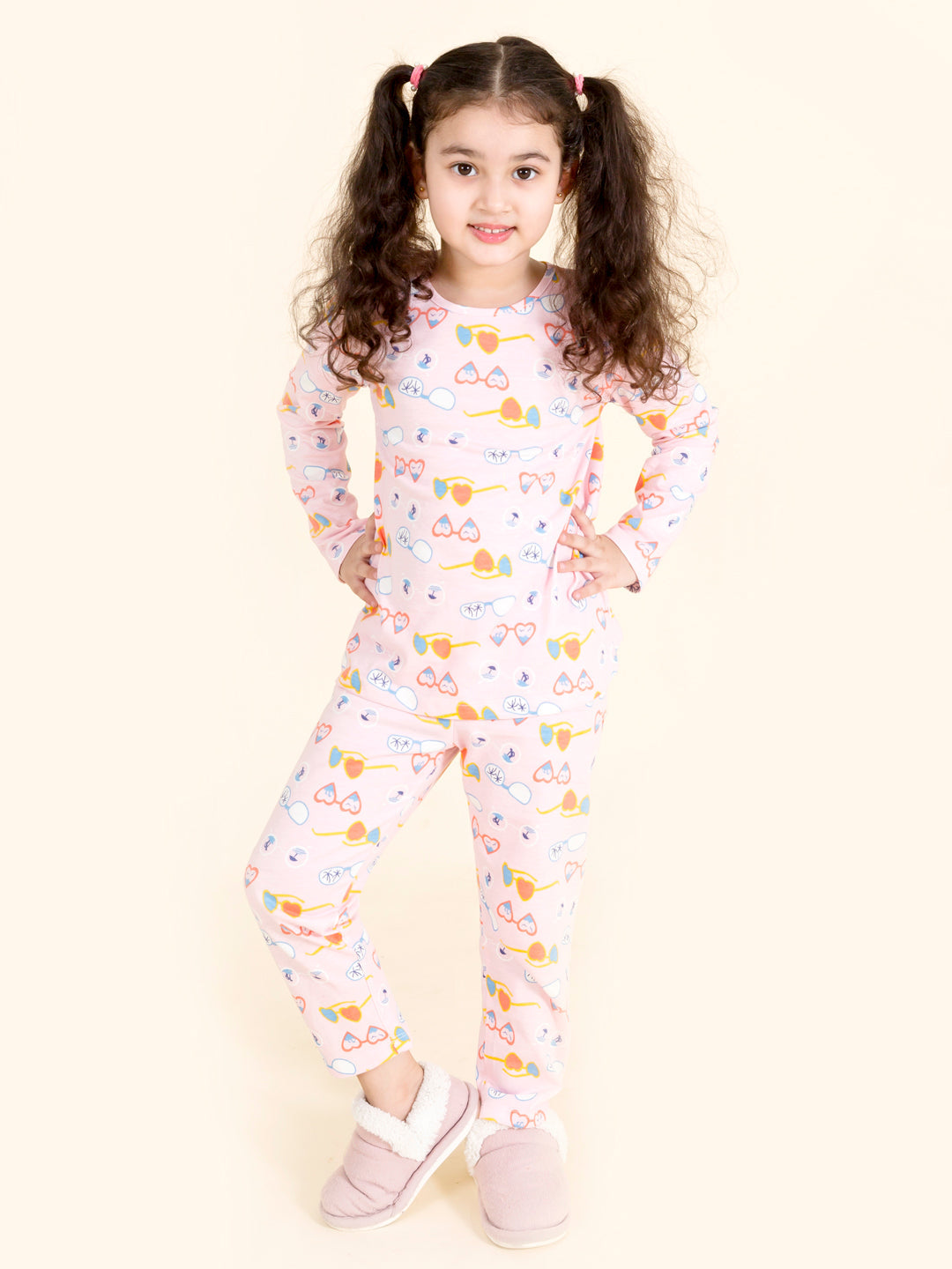 Girls Pink Blue Printed Pure Cotton Night Suit - Ps Peaches