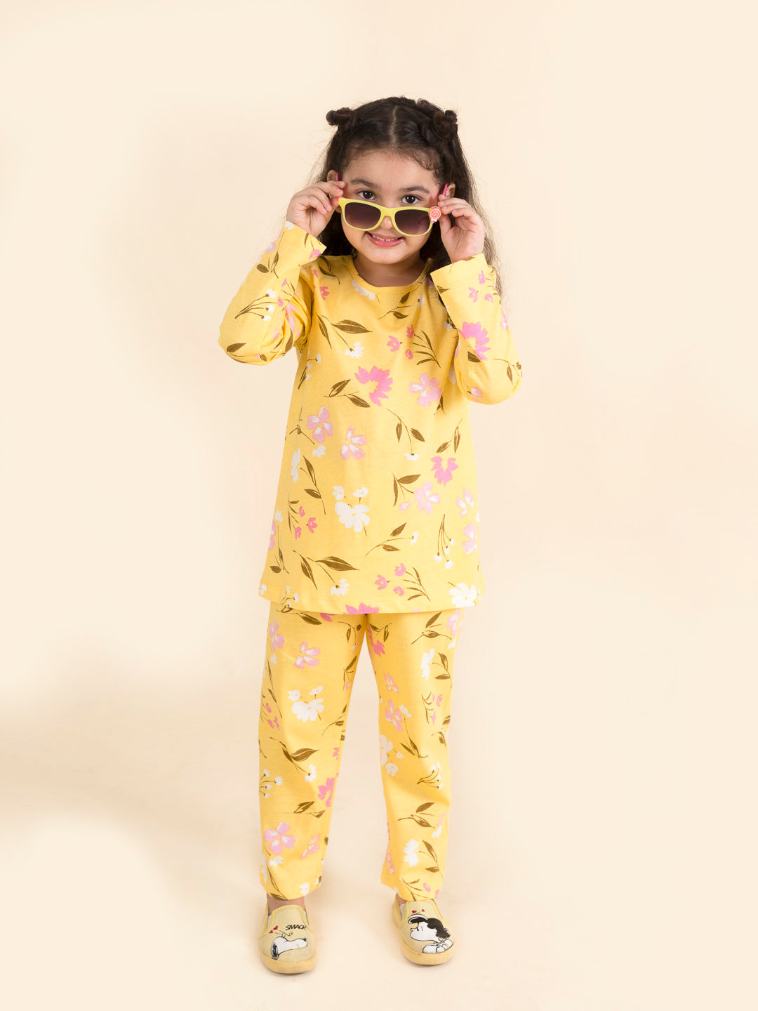 Girls Yellow White Floral Printed Night Suit - Ps Peaches