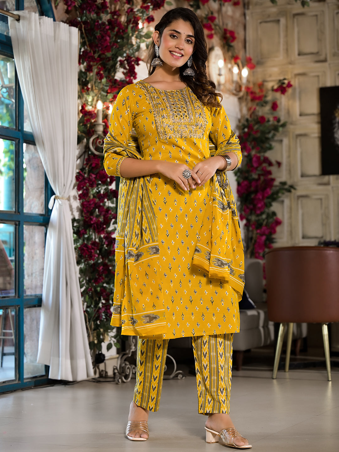 Women's Yellow Pure Cotton Dori_Embroidery Kurta Trouser With Dupatta Set - Yufta