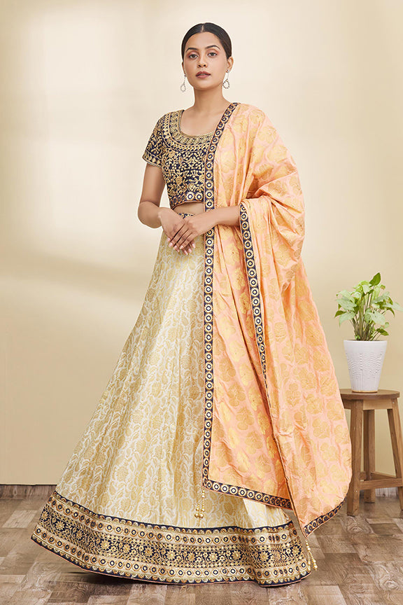 Cream Jacquard Silk Embroidered Semi-stitched Lehenga Choli with Dupatta