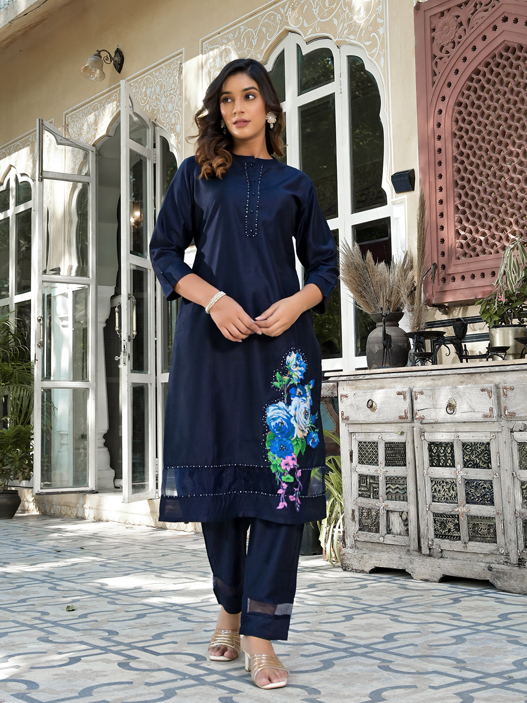 Women's Blue Patch_Work Kurta Trouser Set - Yufta