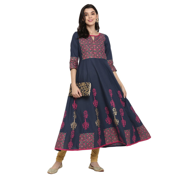 Women's Blue & Pink Cotton Printed Anarkali Kurti With Block Print (1 Pc) - Noz2Toz