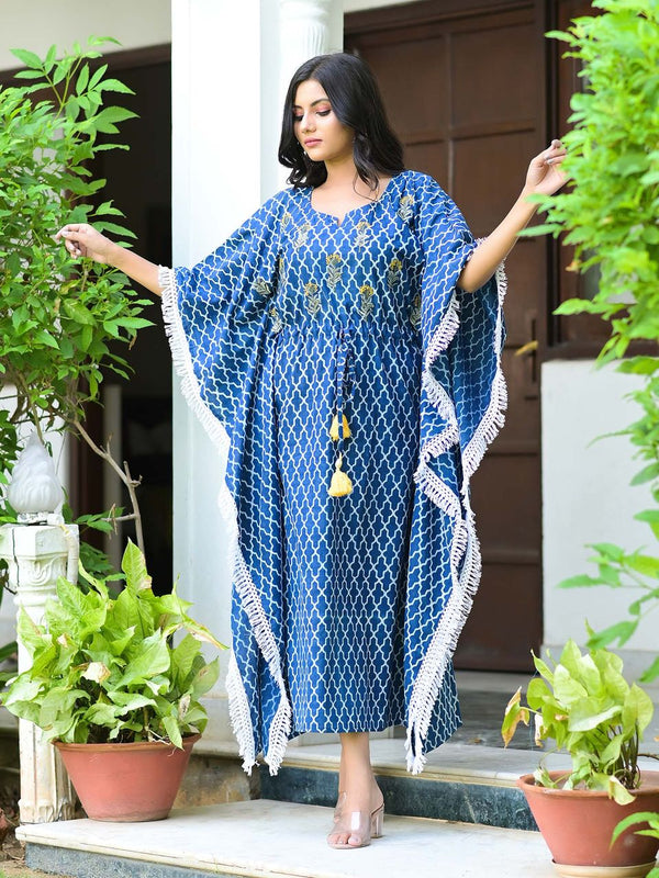 Women's Indigo Trellis Embroidered Cotton Kaftan Dress - Hatheli