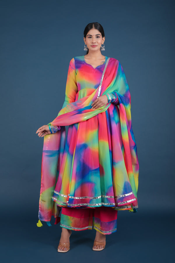 Women's Rainbow Organza Anarkali Set - Pomcha Jaipur