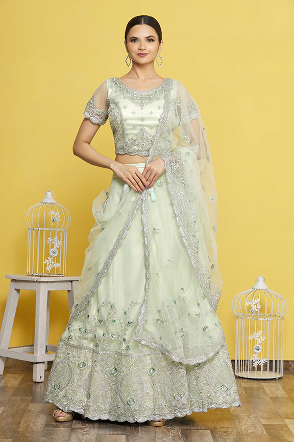 Sea Green Net Embroidered Semi-stitched Lehenga Choli with Dupatta