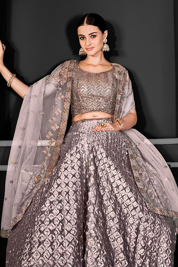 Grey Net Embroidered Semi Stitched Lehenga Choli