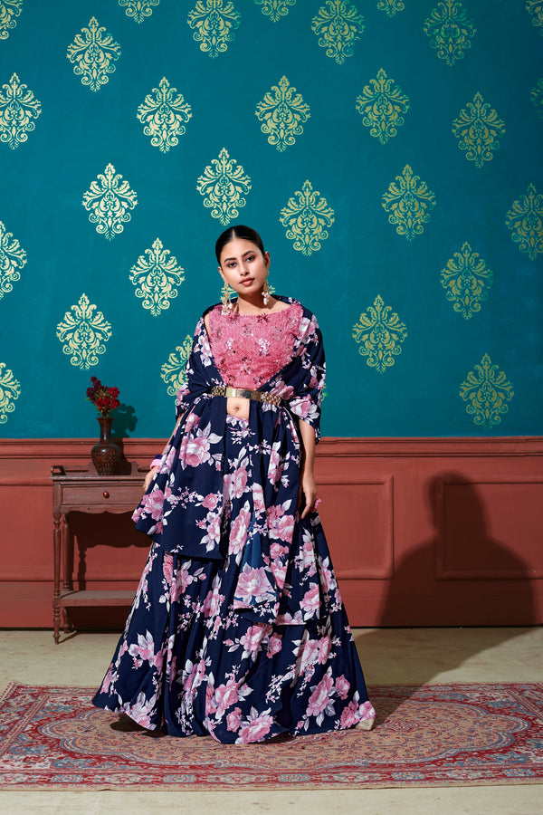 Women's Navy Blue Silk Printed Lehenga Set - Shubhkala