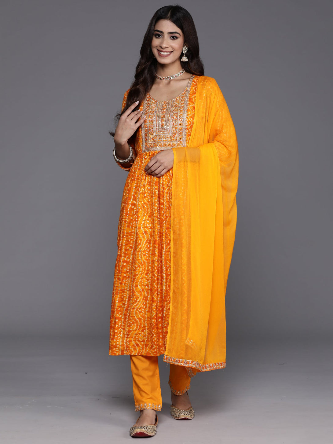 Women's Yellow Embroidered A-Line Kurta Trousers With Dupatta Set - Indo Era