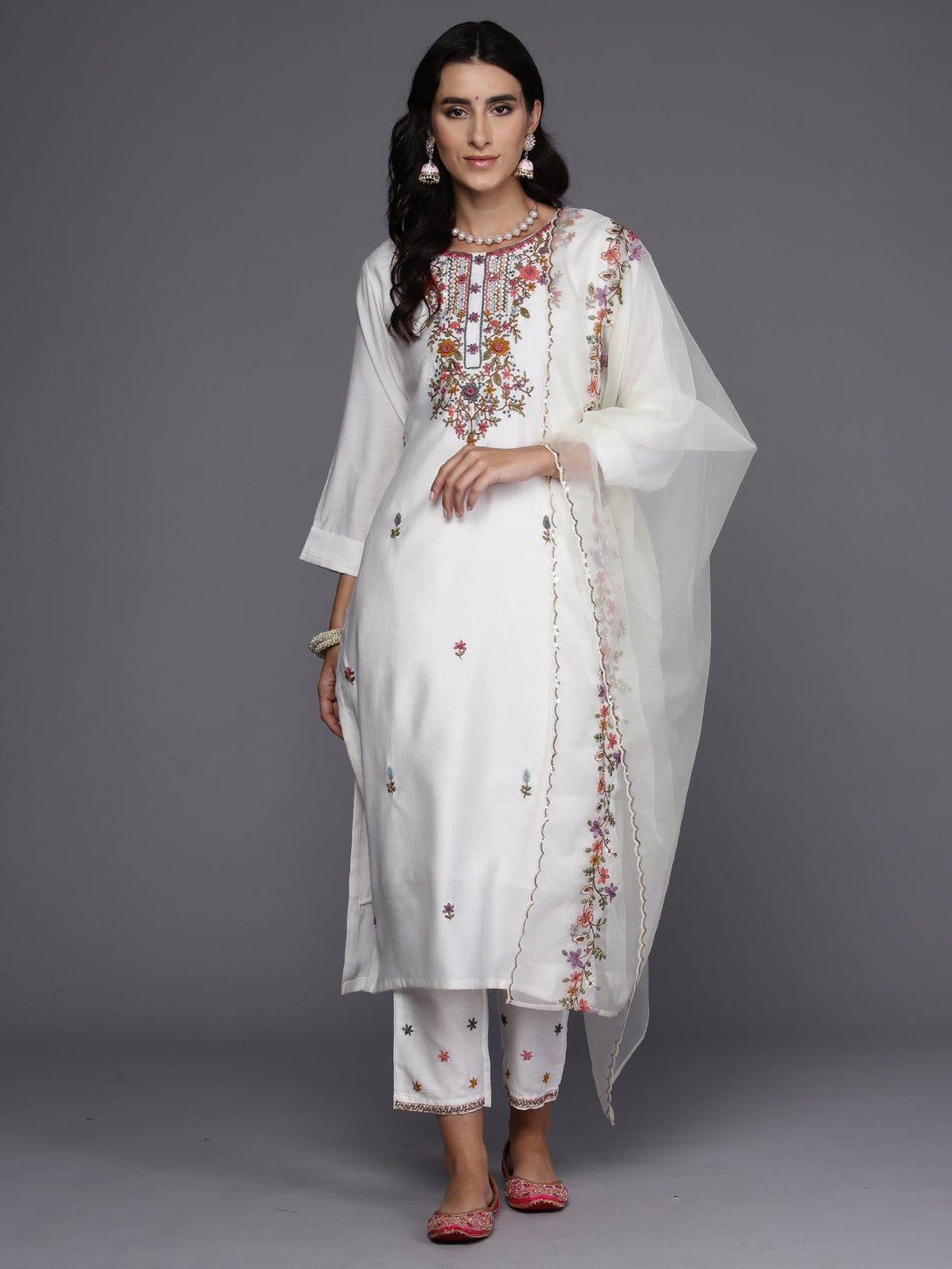 Women's White Embroidered Straight Kurta Trousers With Dupatta Set - Indo Era