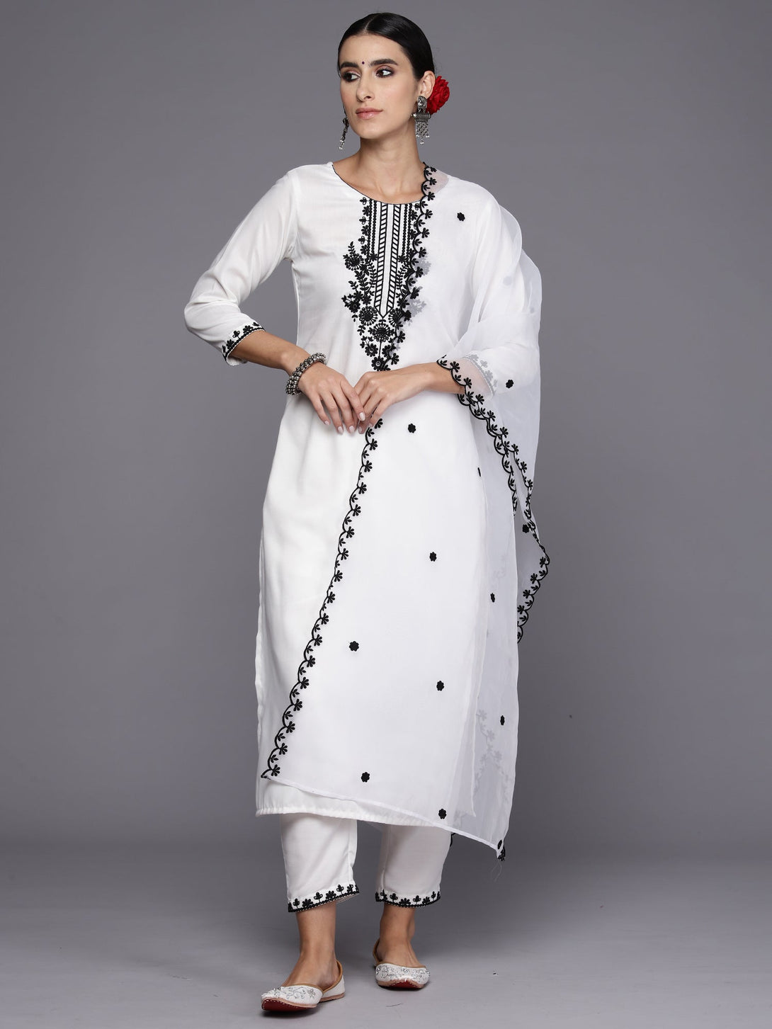 Women's White Embroidered Straight Kurta Trousers With Dupatta Set - Indo Era