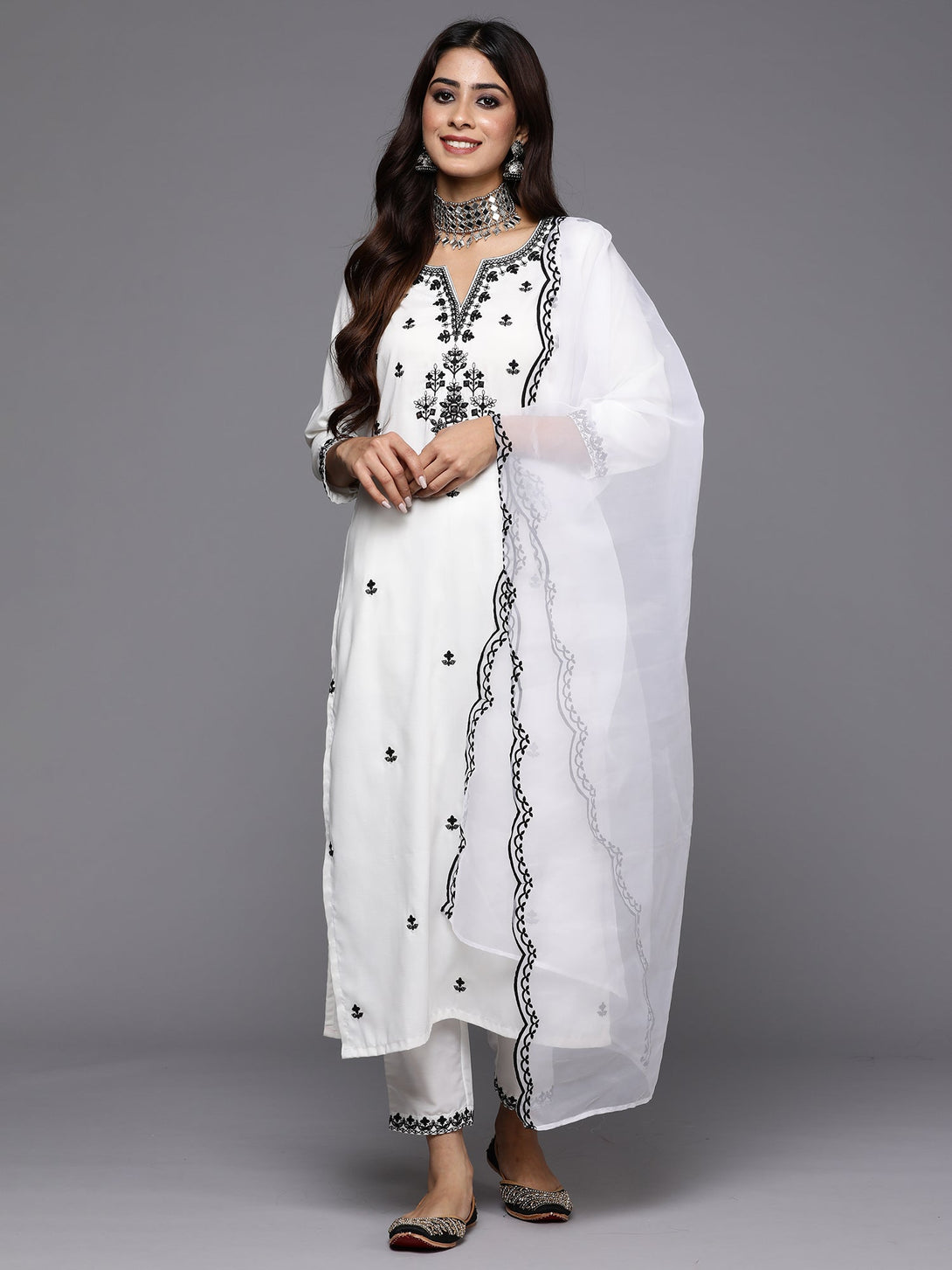 Women's White Embroidered Straight Kurta Trousers With Dupatta Set - Indo Era