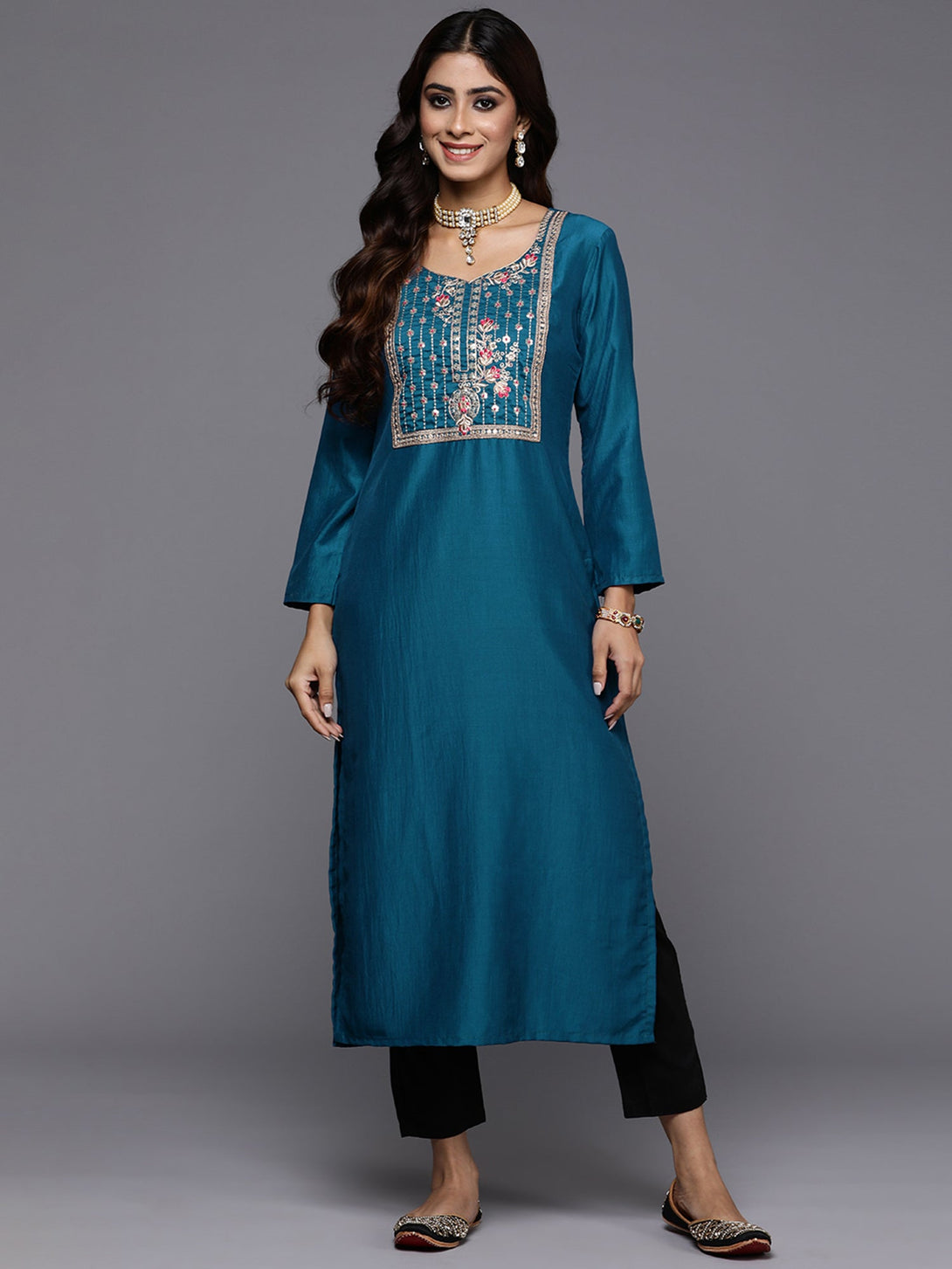 Women's Teal Yoke Design Straight Ethnic Kurtas  - Indo Era