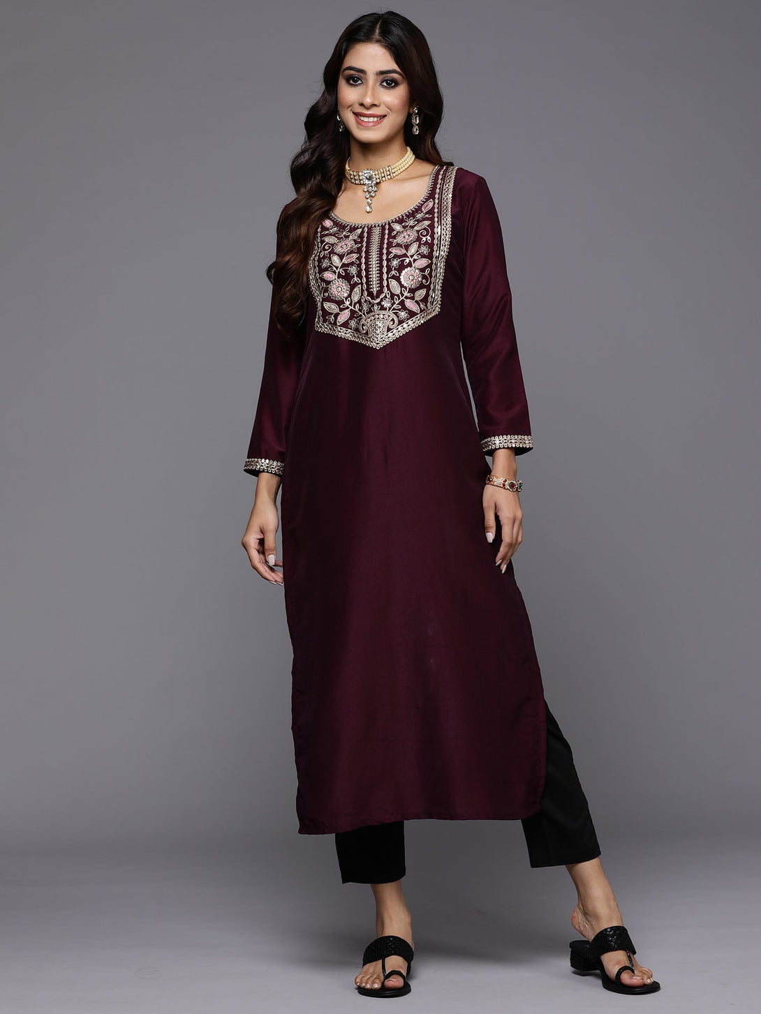 Women's Burgundy Yoke Design Straight Ethnic Kurtas  - Indo Era